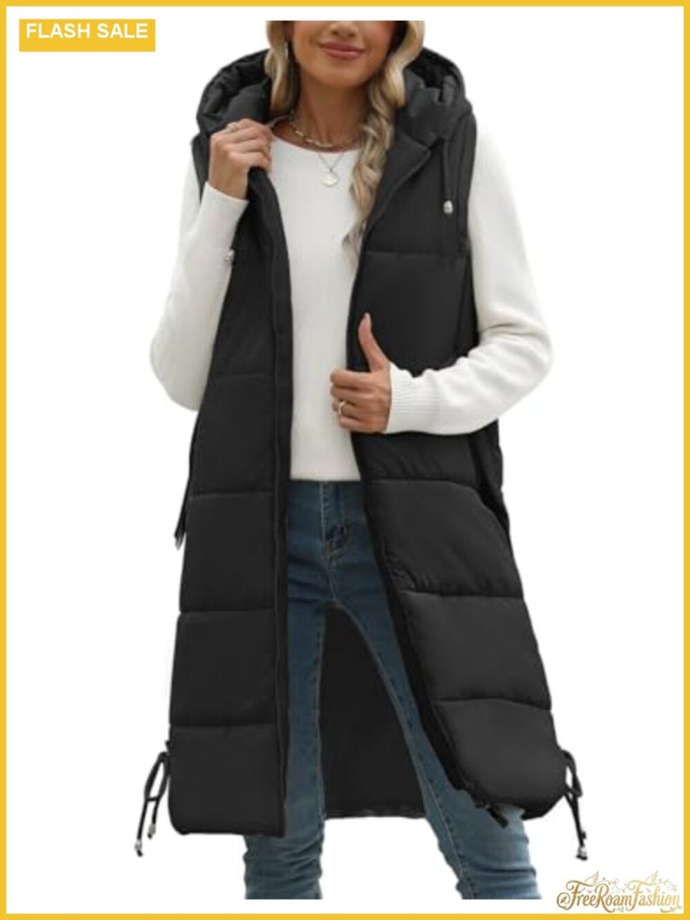 Long Quilted Puffer Vest with Hood Sleeveless Winter Puffy Jacket Warm